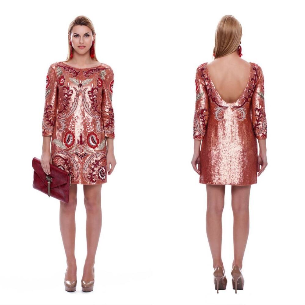 Needle & Thread Tapestry Motif Mini Dress US 6 Rose Gold Sequin Cocktail
